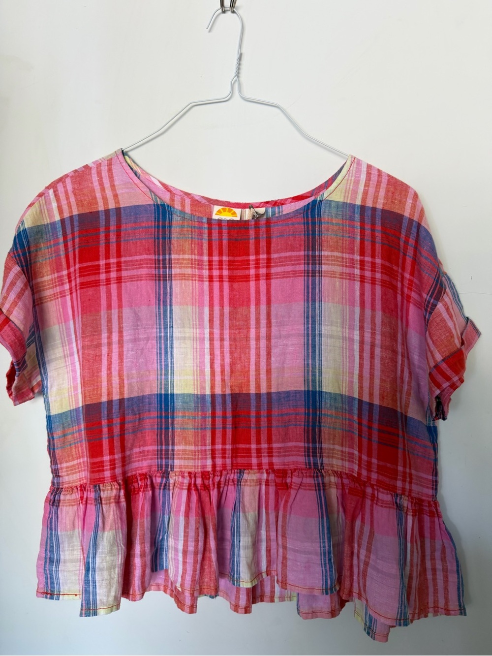 C&C California Pink Red Blue Plaid Ruffle-Hem Blouse